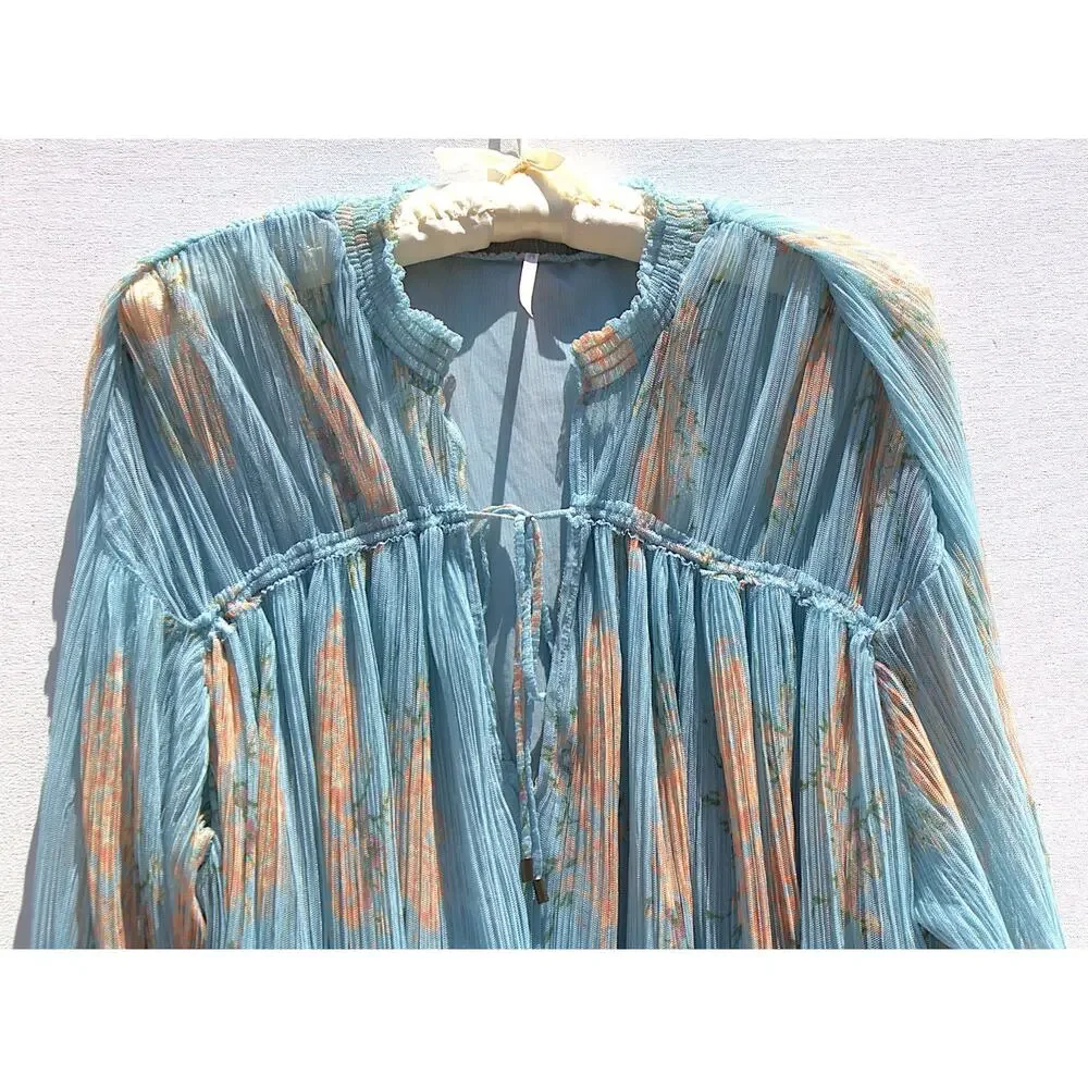 Free People Dahlia Tunic Dress Top – Blue Sheer Floral – Long Sleeve – Women’s M